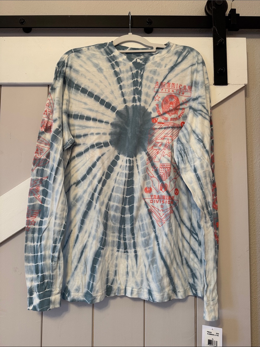 American Fighter Blue and White Tie-Dye Long Sleeve Shirt with Red Graphics